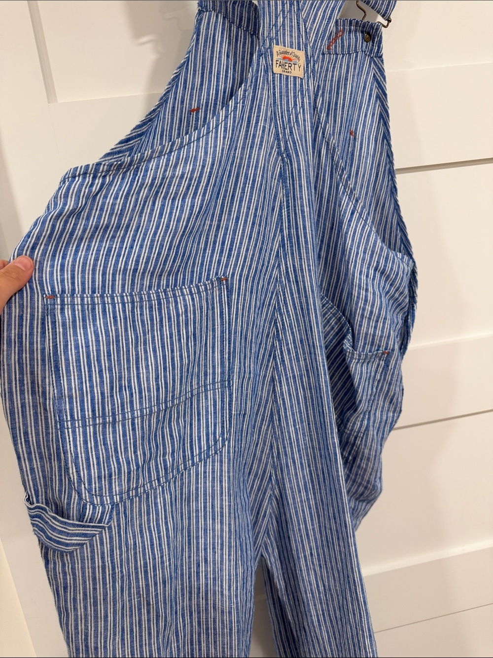 Faherty Light Blue Striped Linen Overalls size medium - Picture 2 of 4